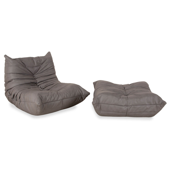 ligne roset Togo Sessel und Hocker Garnitur Grau veganes Leder Neubezug