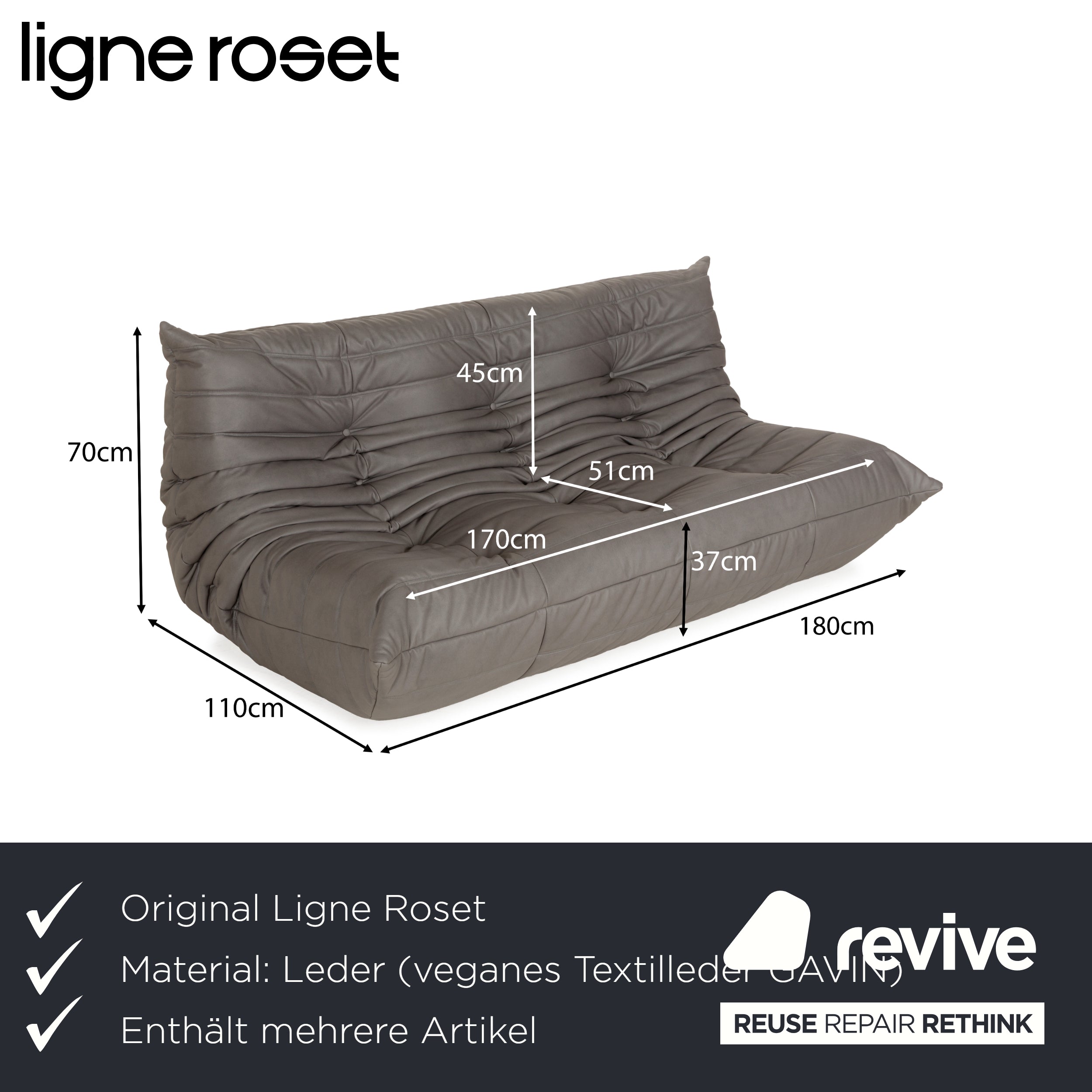 Ligne Roset Togo ensemble de canapé d'angle textile cuir vegan fauteuil trois places gris nouvelle housse