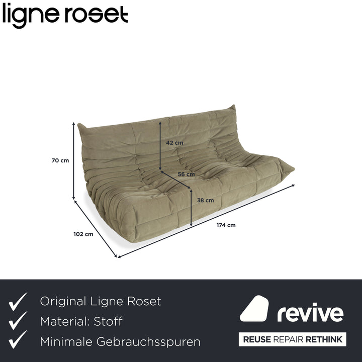 Ligne Roset Togo fabric three-seater sofa in olive green