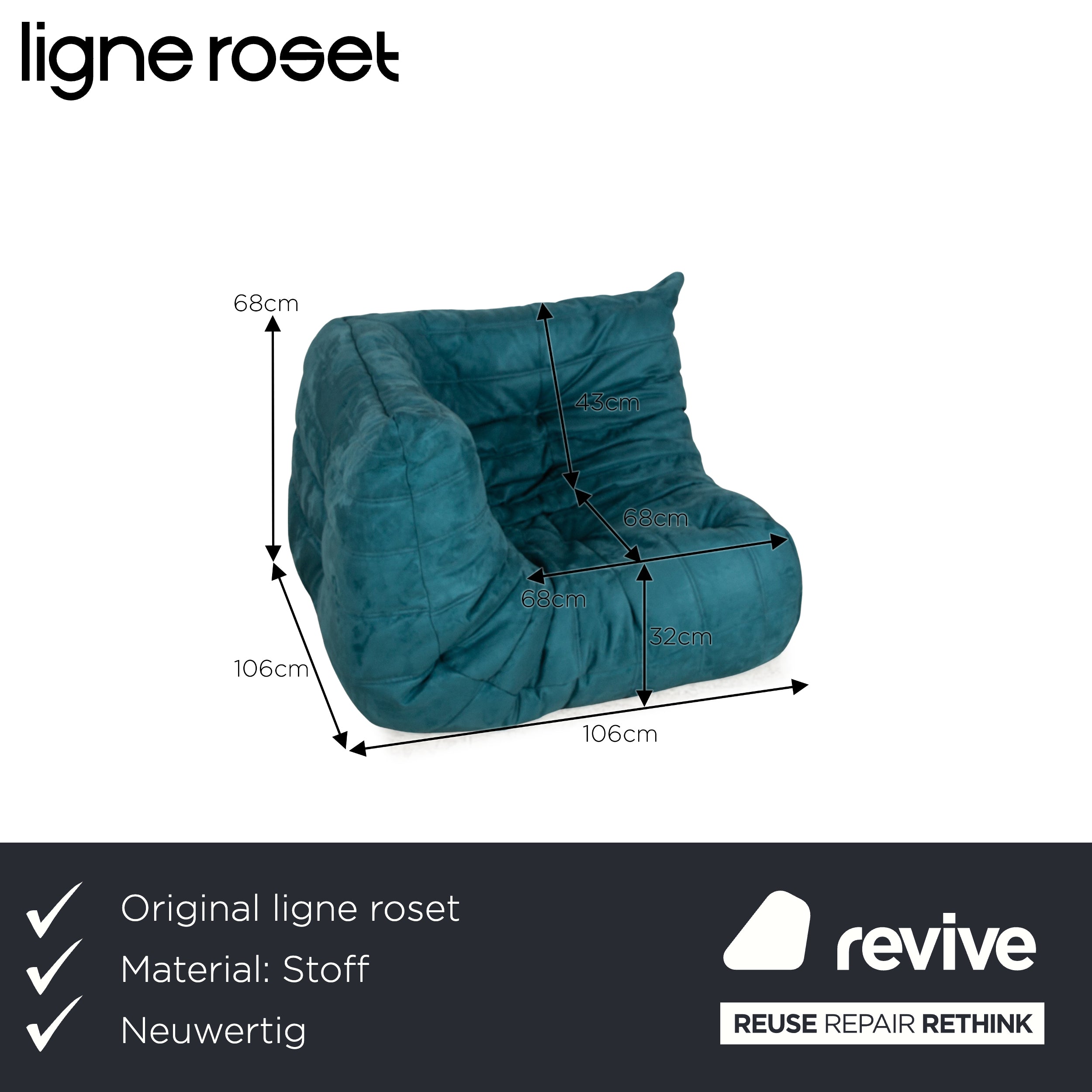 ligne roset fauteuil tissu Togo bleu housse neuve