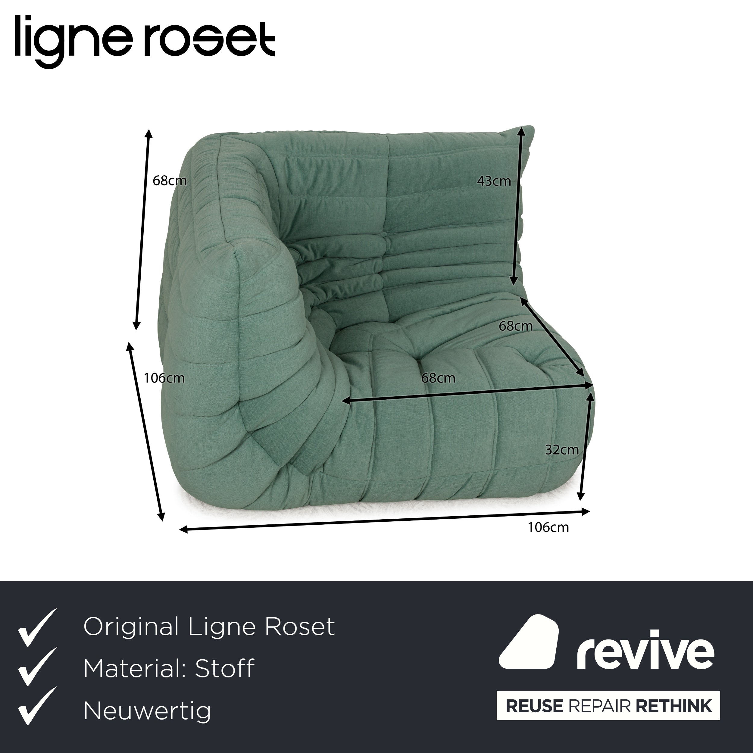 Ligne Roset Togo fabric armchair green reupholstery