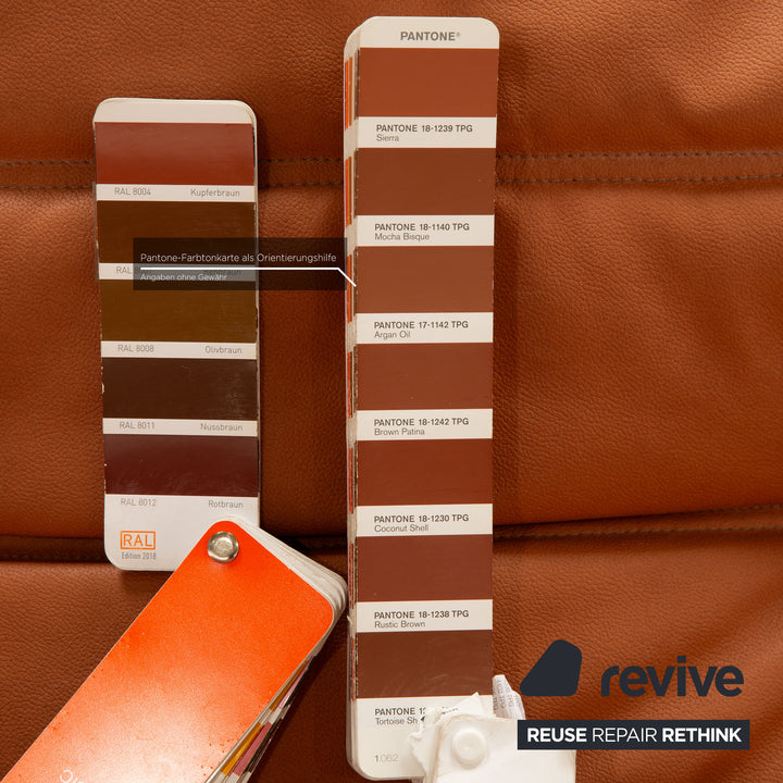 Ligne Roset Togo vegan leather sofa set, brown cognac, two-seater, corner &amp; ottoman, camel, reupholstered