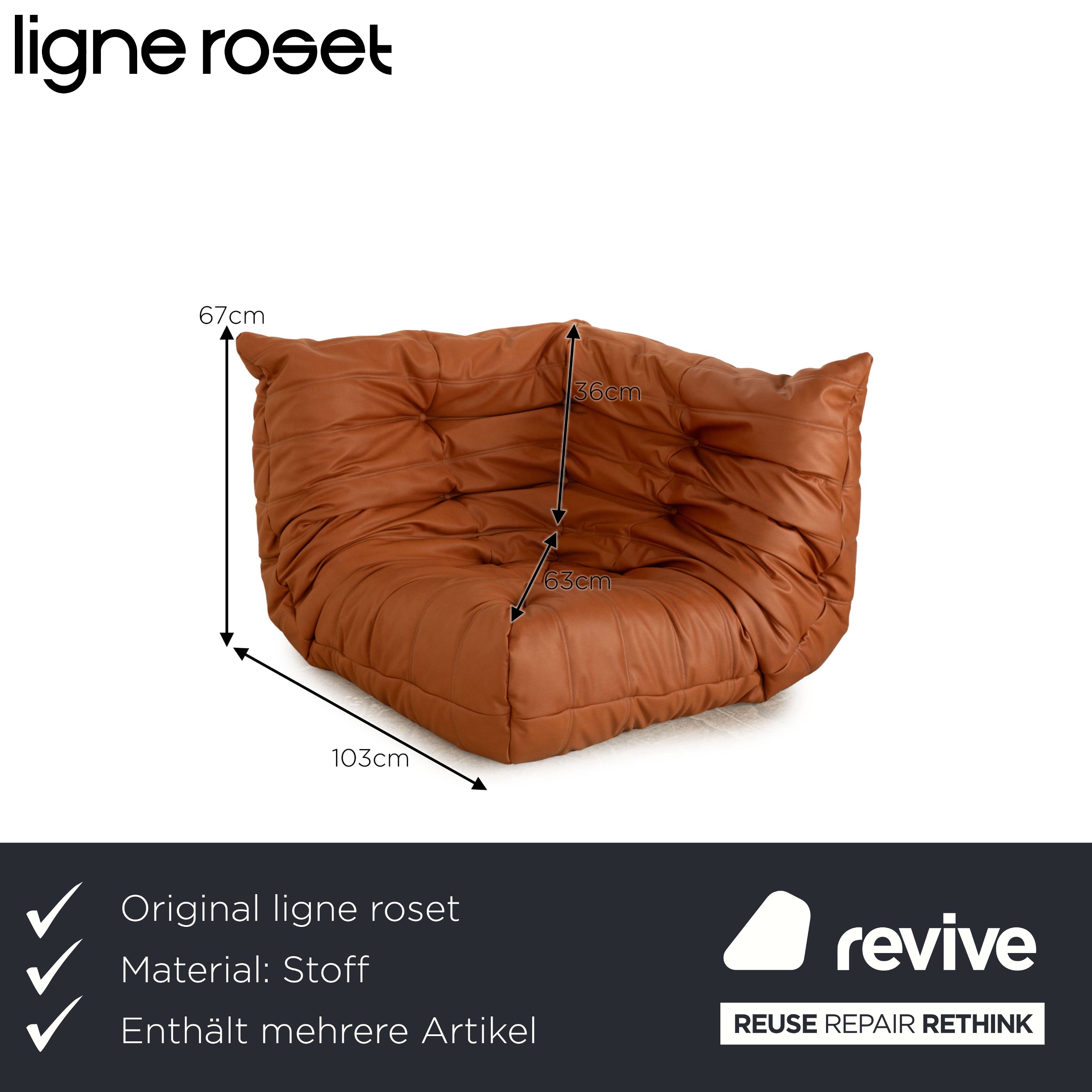 Ligne Roset Togo veganes Leder Sofa Garnitur Braun Cognac Zweisitzer, Ecke & Hocker Camel Neubezug