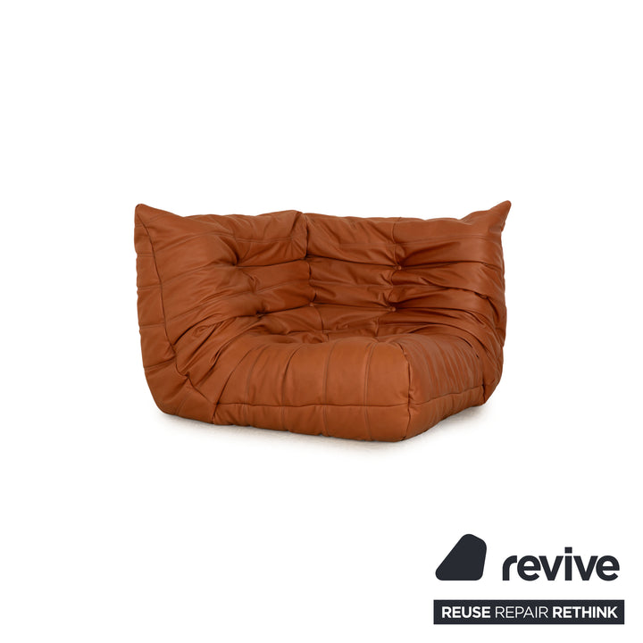 Ligne Roset Togo vegan leather sofa set, brown cognac, two-seater, corner &amp; ottoman, camel, reupholstered