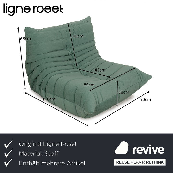 Ensemble canapé Togo en tissu Ligne Roset, fauteuil deux places rembourré vert