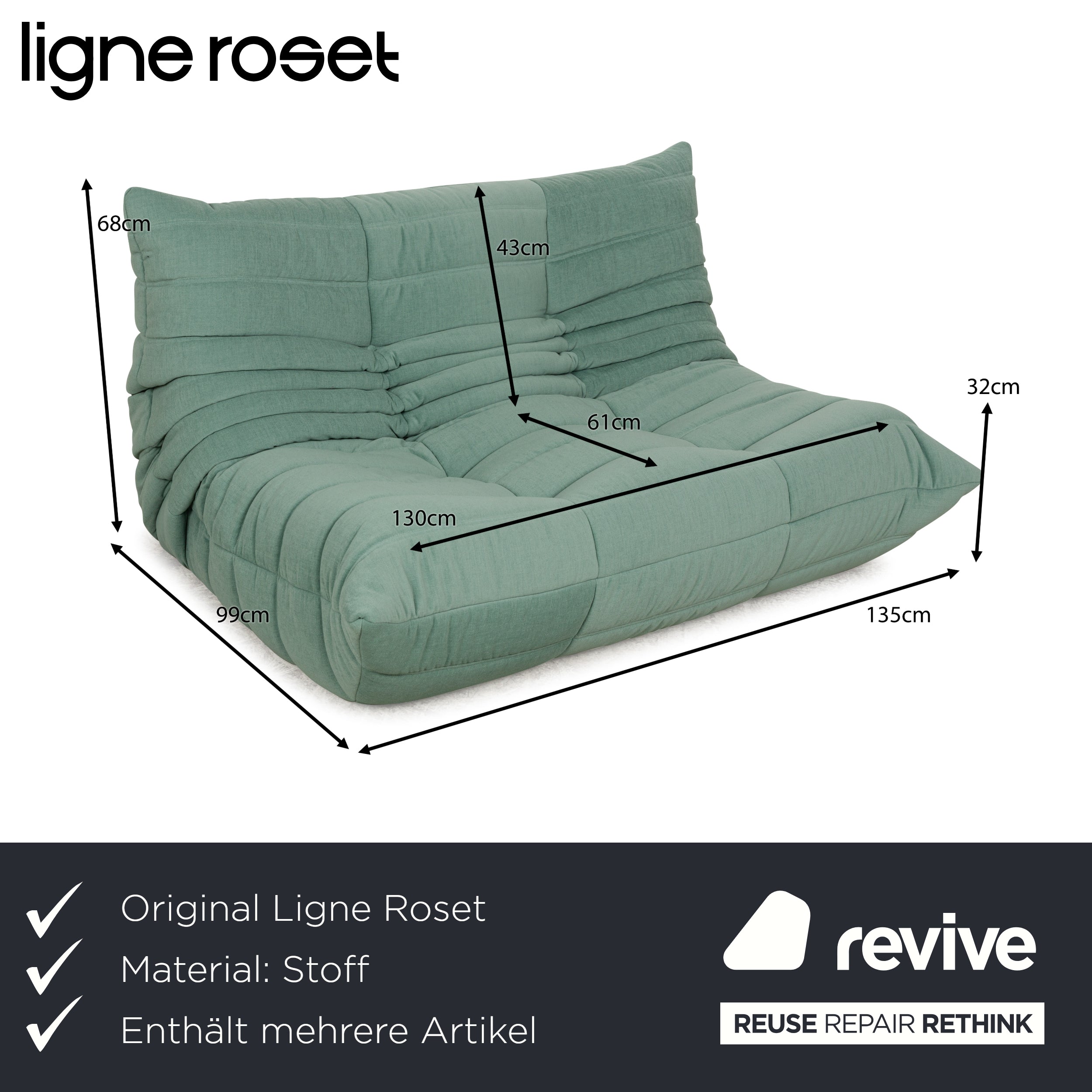 Ligne Roset Togo Corner Sofa Fabric Sofa Set Green Reupholstered Two-Seater Armchair Corner Element