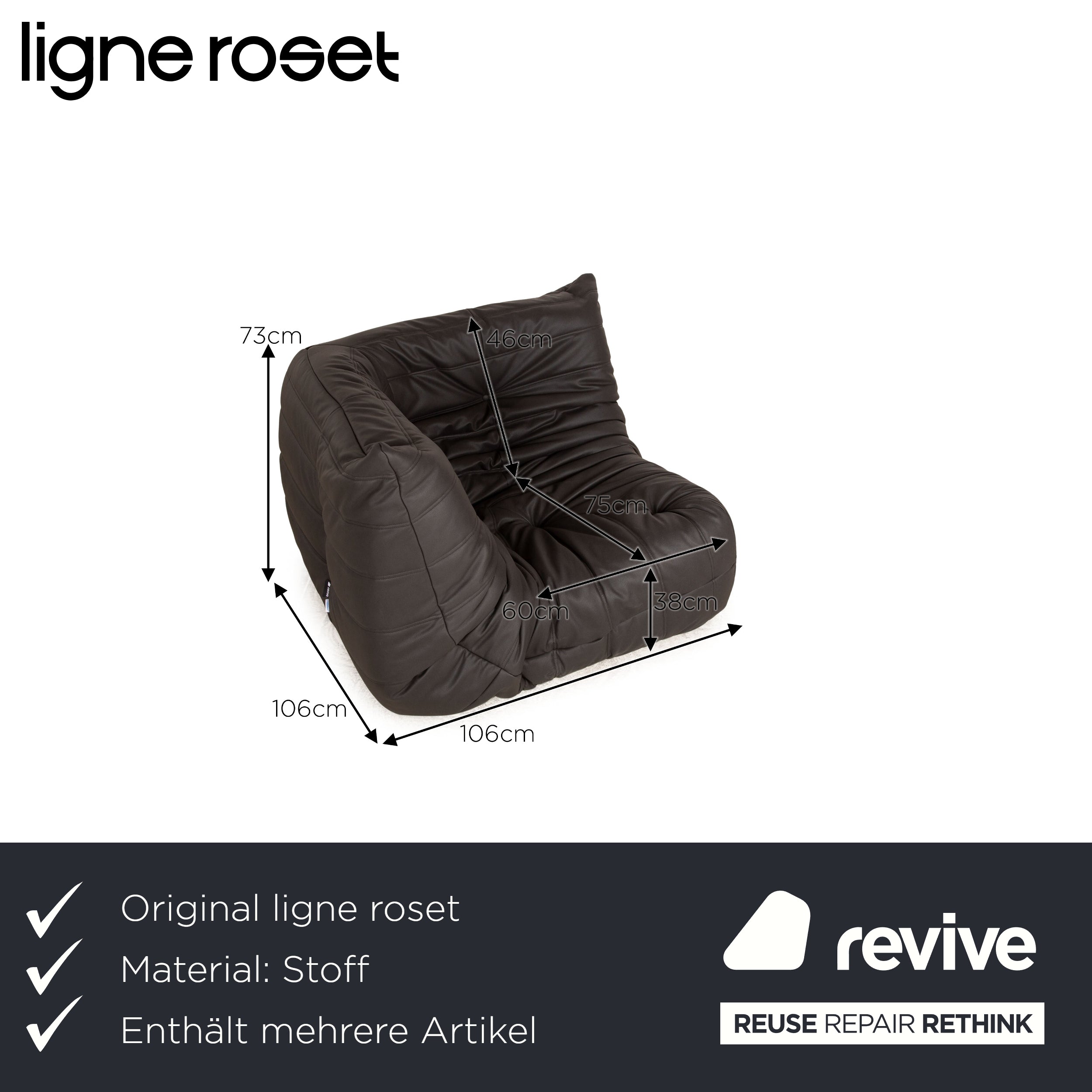 ligne roset Togo vegan leather fabric sofa set black 2x two-seater and corner piece corner sofa couch newly upholstered