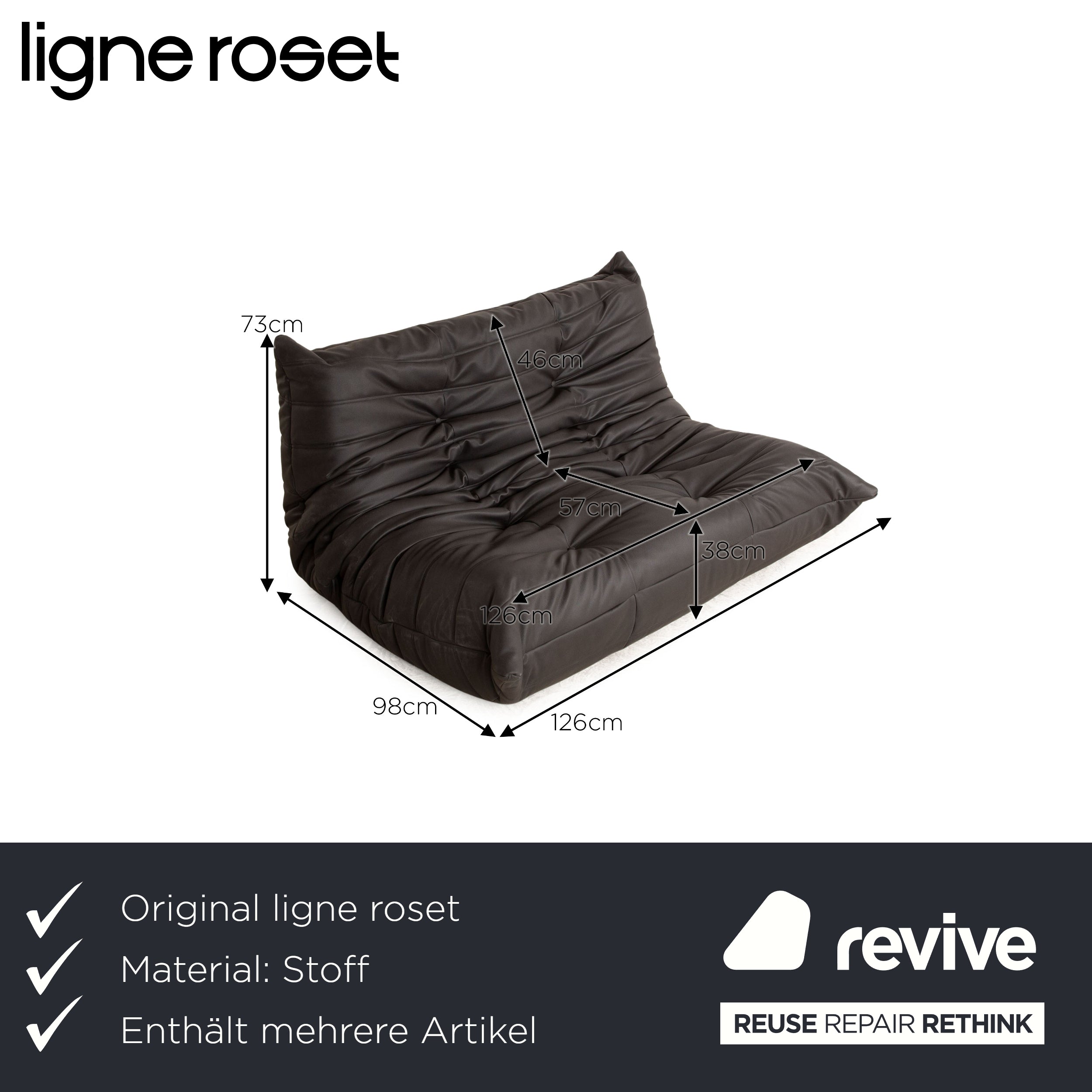 ligne roset Togo vegan leather fabric sofa set black 2x two-seater and corner piece corner sofa couch newly upholstered