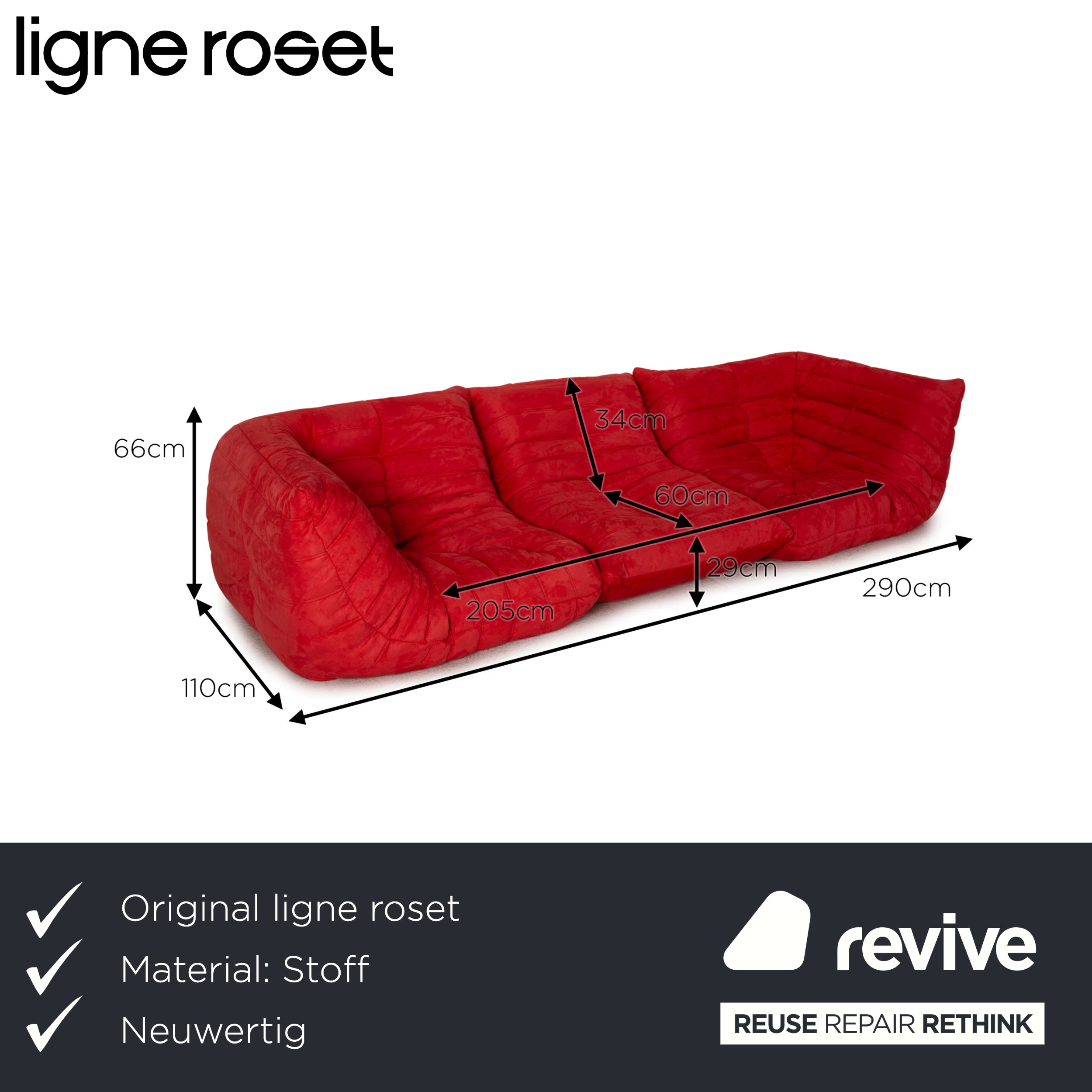 ligne roset Togo Stoff Sofa Rot Dreisitzer Couch