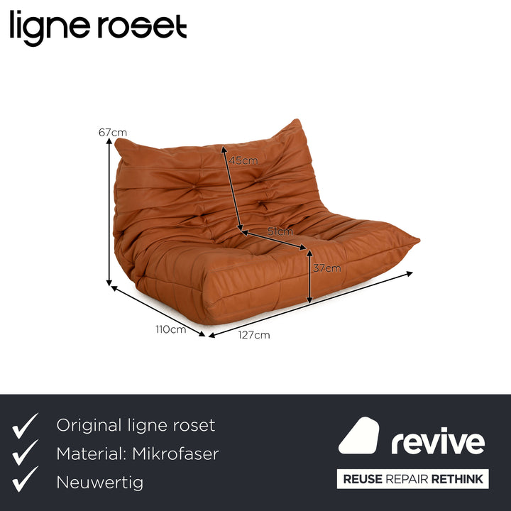 ligne roset Togo vegan leather fabric two-seater brown sofa couch reupholstery cognac microfiber
