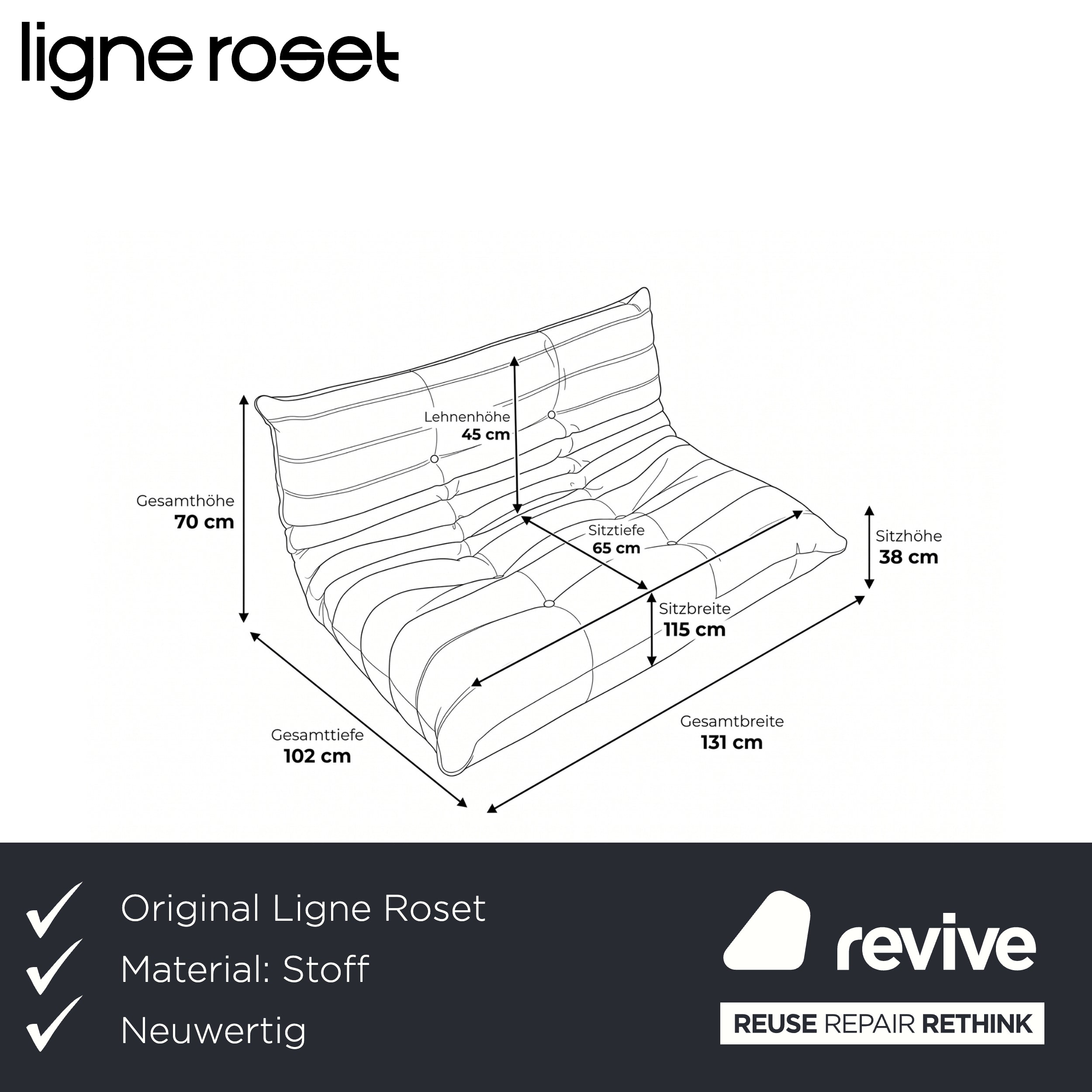 Ligne Roset Togo Zweisitzer Sofa Couch Stoff Minzgrün Neubezug