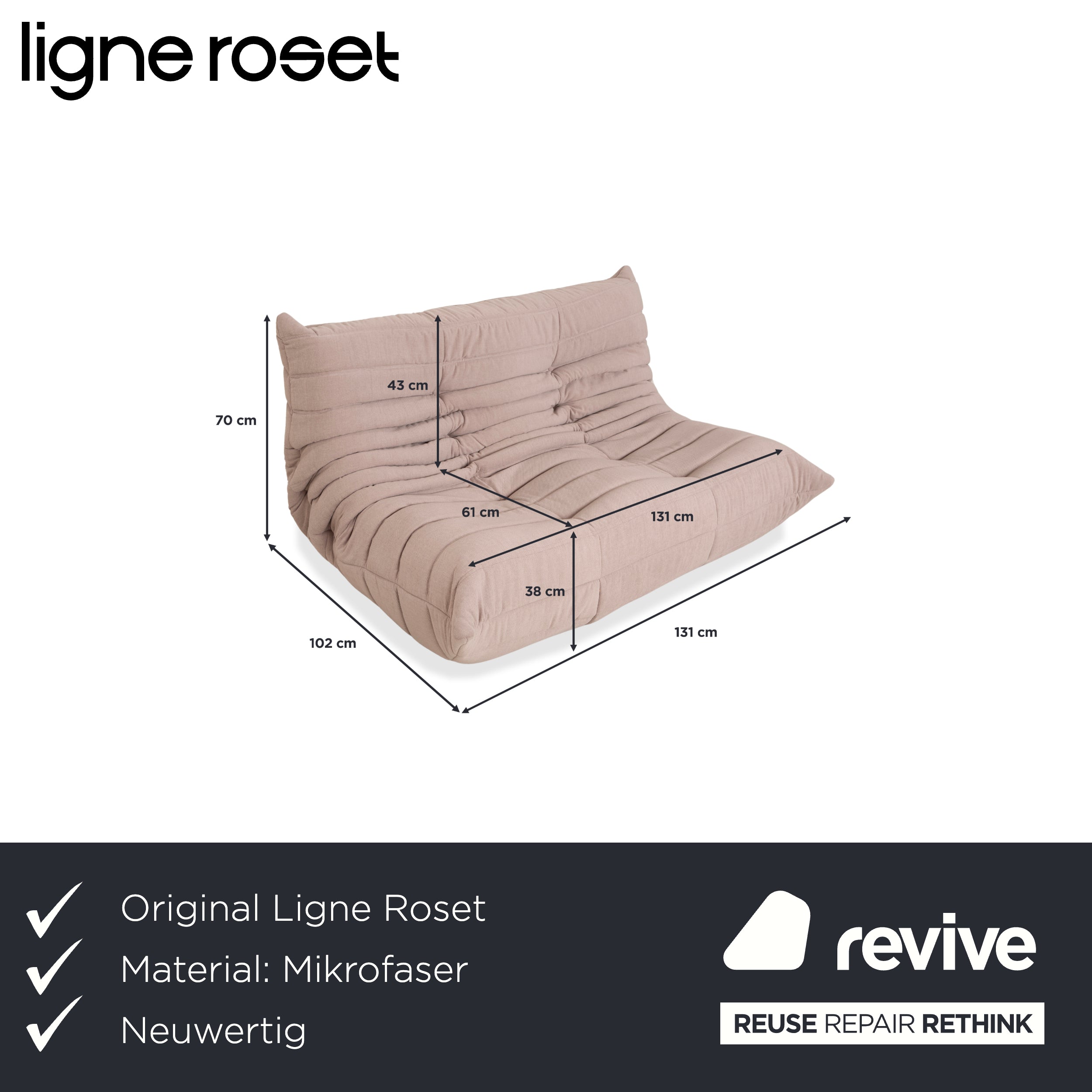 Ligne Roset Togo Stoff Zweisitzer Neubezug Beige Sand Sofa Couch