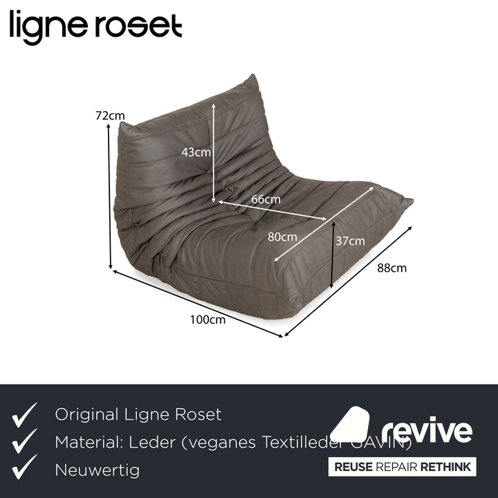 Fauteuil Togo en cuir textile vegan Ligne Roset, revêtement gris