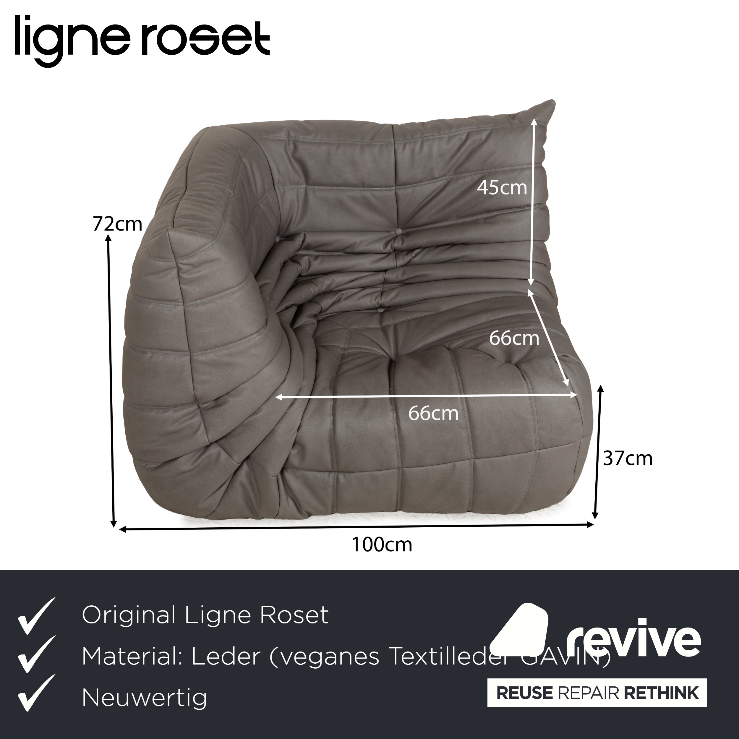 Fauteuil Togo en cuir textile vegan Ligne Roset, revêtement gris