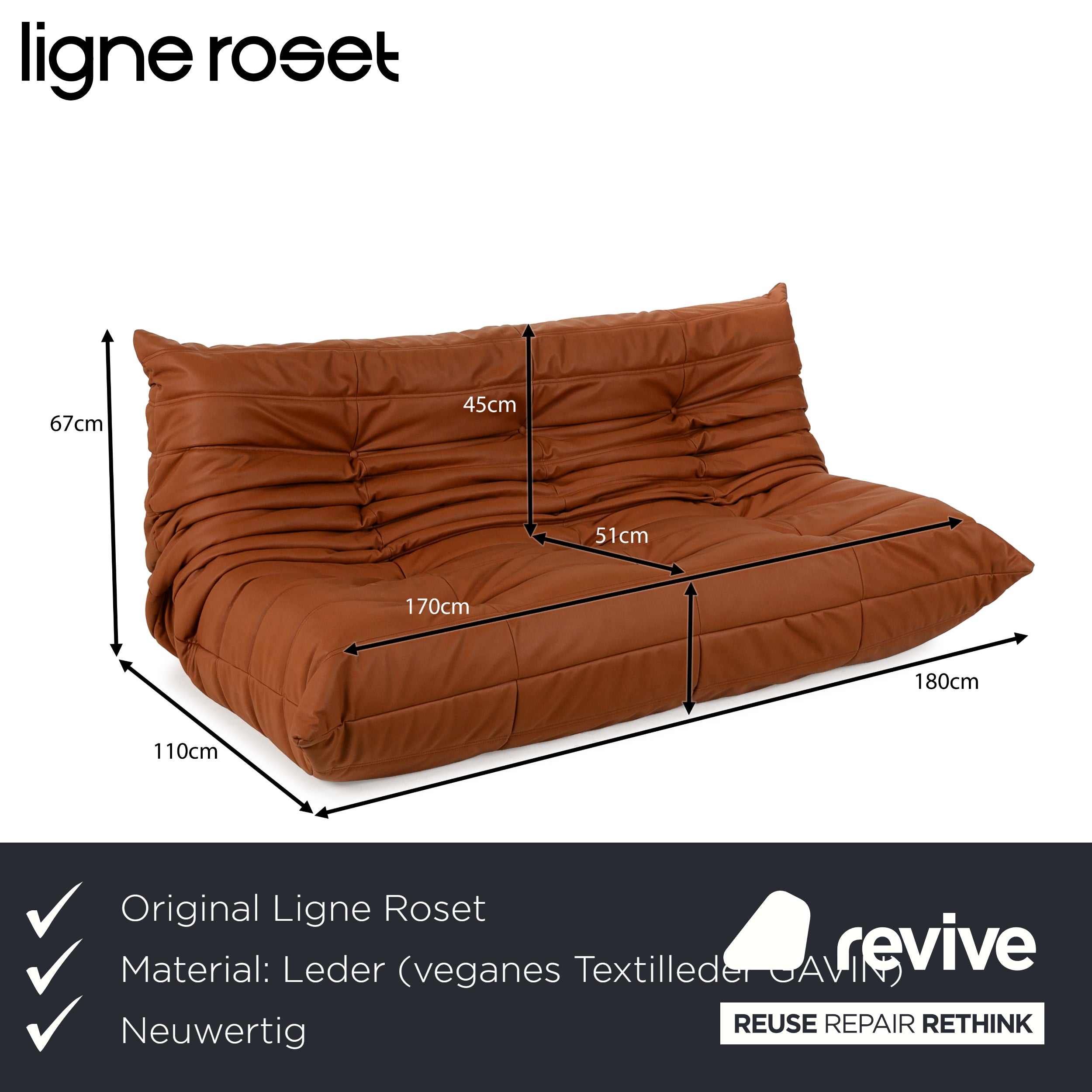 Canapé trois places Togo en cuir vegan marron cognac Ligne Roset