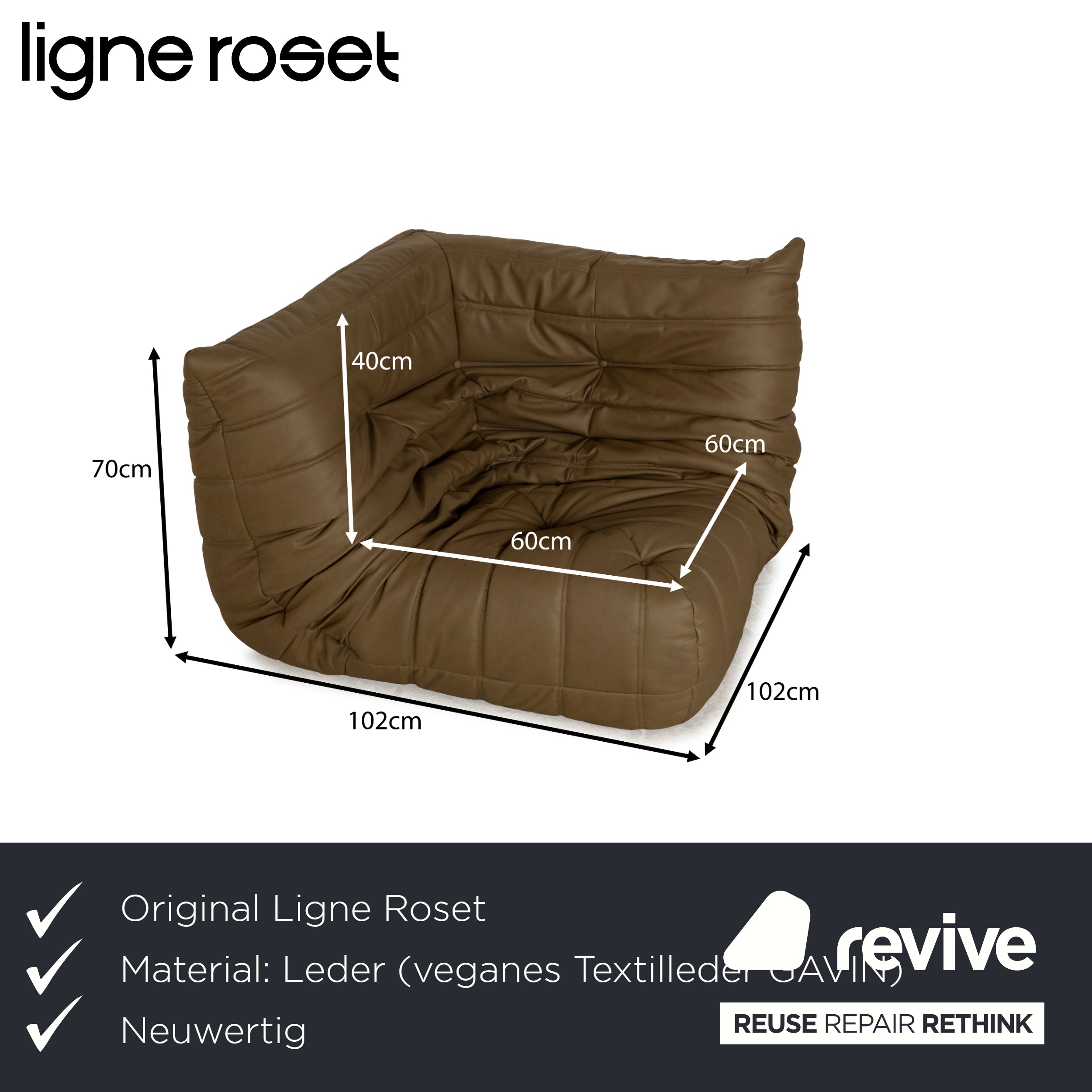 Fauteuil d'angle Togo en cuir vegan Ligne Roset vert olive kaki