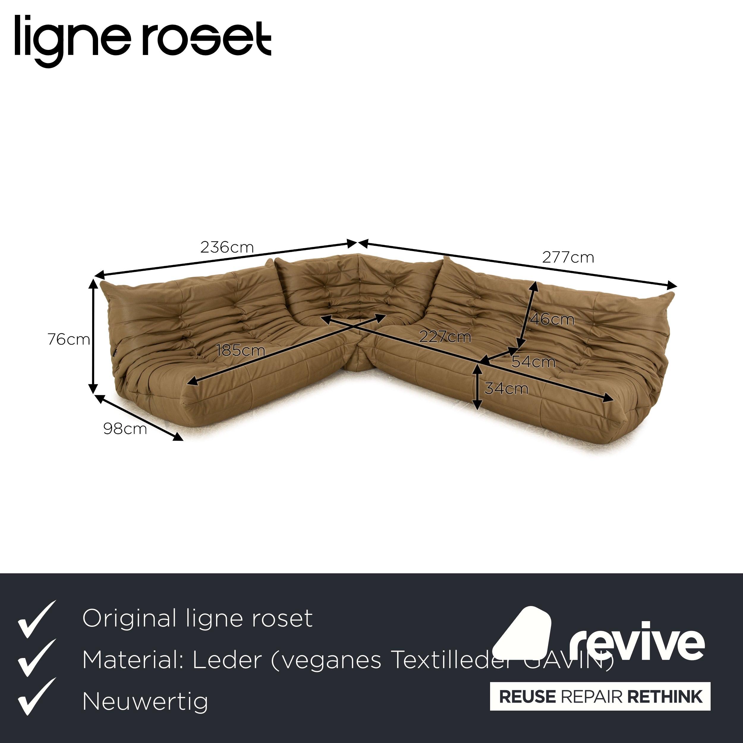 ligne roset Togo veganes Leder Stoff Ecksofa Olivgrün Khaki Sofa Couch Neubezug