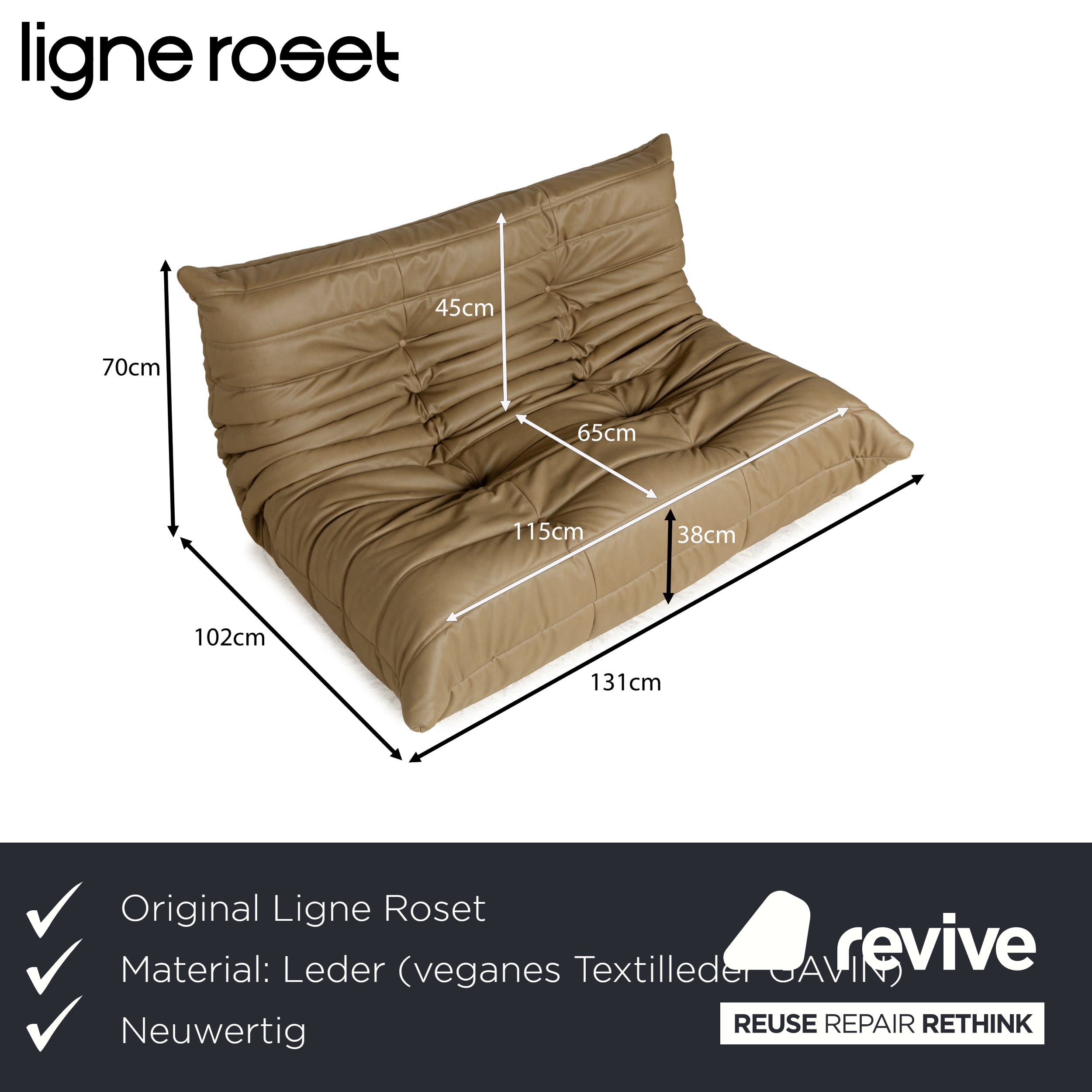 Canapé deux places Togo en cuir vegan vert olive kaki ligne roset, rembourrage