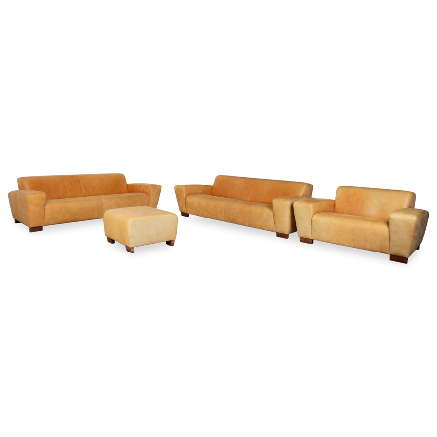 Machalke Leder 2x Dreisitzer Sessel Hocker Gelb Cognac Sofa Couch