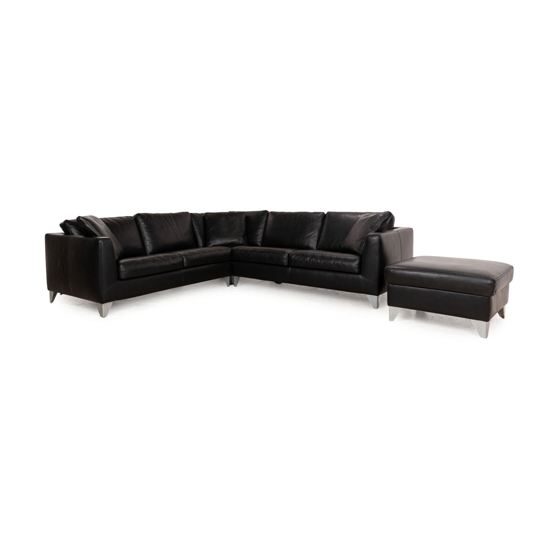 Machalke Leder Sofa Garnitur Schwarz Hocker Ecksofa
