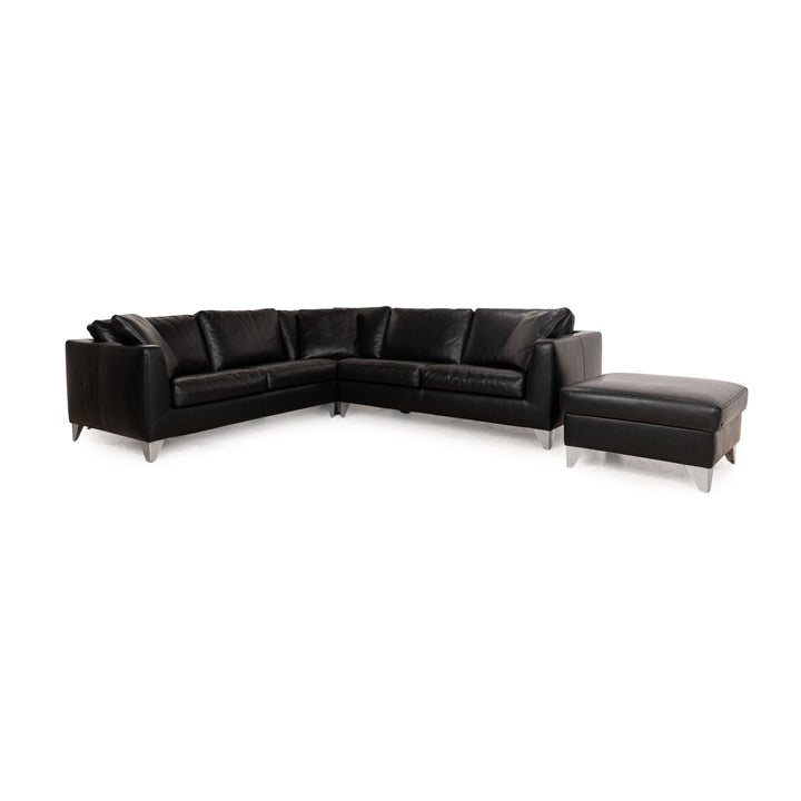 Machalke Leder Sofa Garnitur Schwarz Hocker Ecksofa