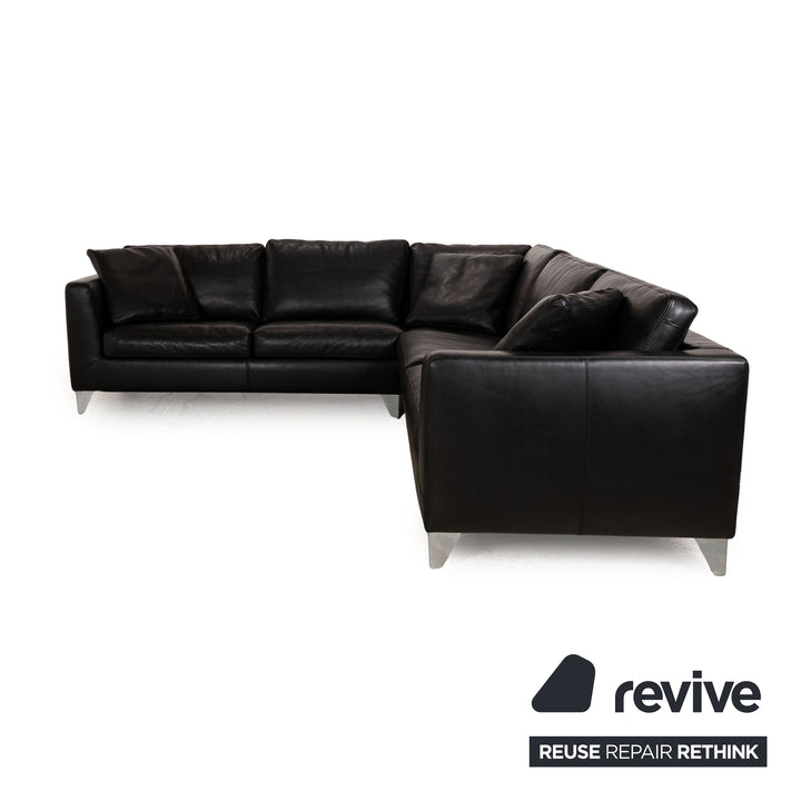 Machalke Leder Sofa Garnitur Schwarz Hocker Ecksofa