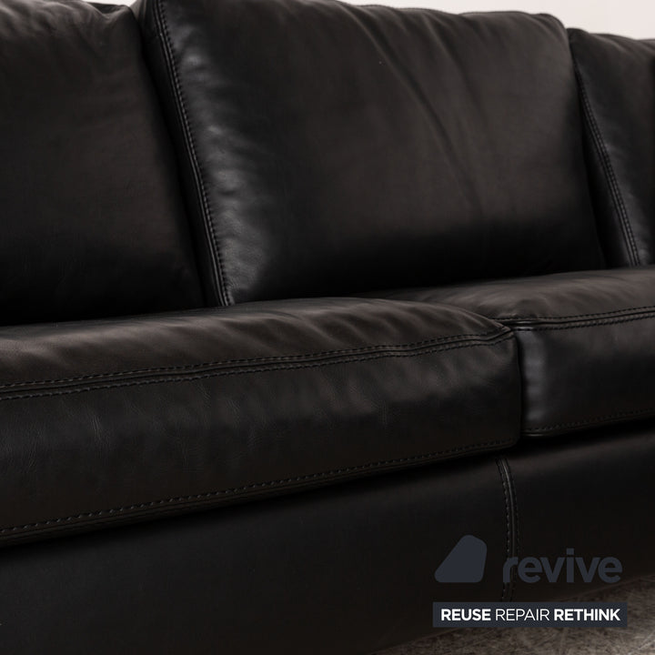 Machalke Leder Sofa Garnitur Schwarz Hocker Ecksofa
