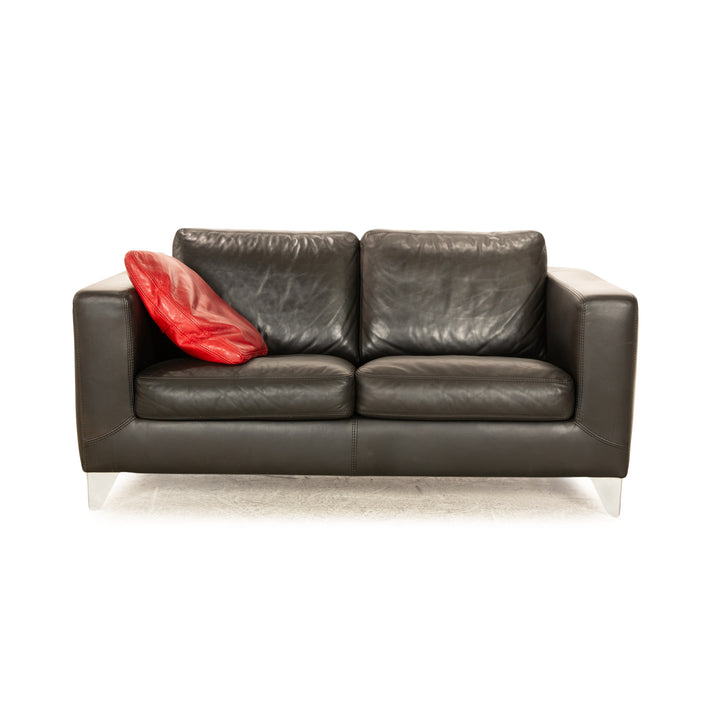 Machalke Leather Two Seater Black Sofa Couch incl. Red Cushion