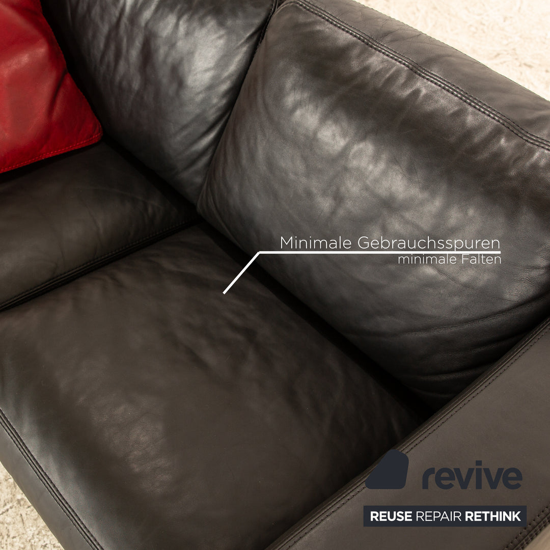 Machalke Leather Two Seater Black Sofa Couch incl. Red Cushion