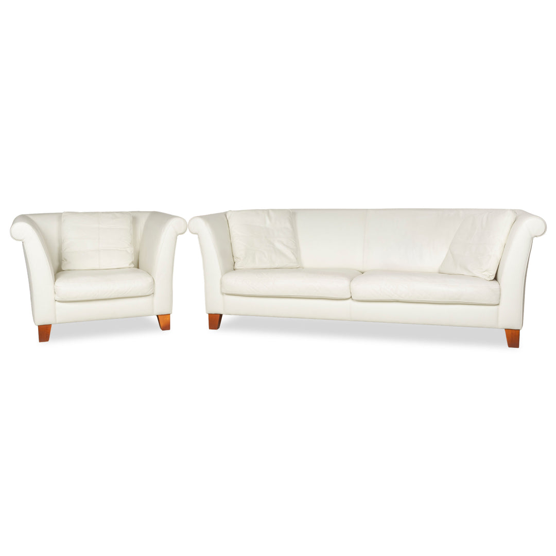 Machalke Ritz Leather Three-Seater + Armchair Cream White Sofa Couch