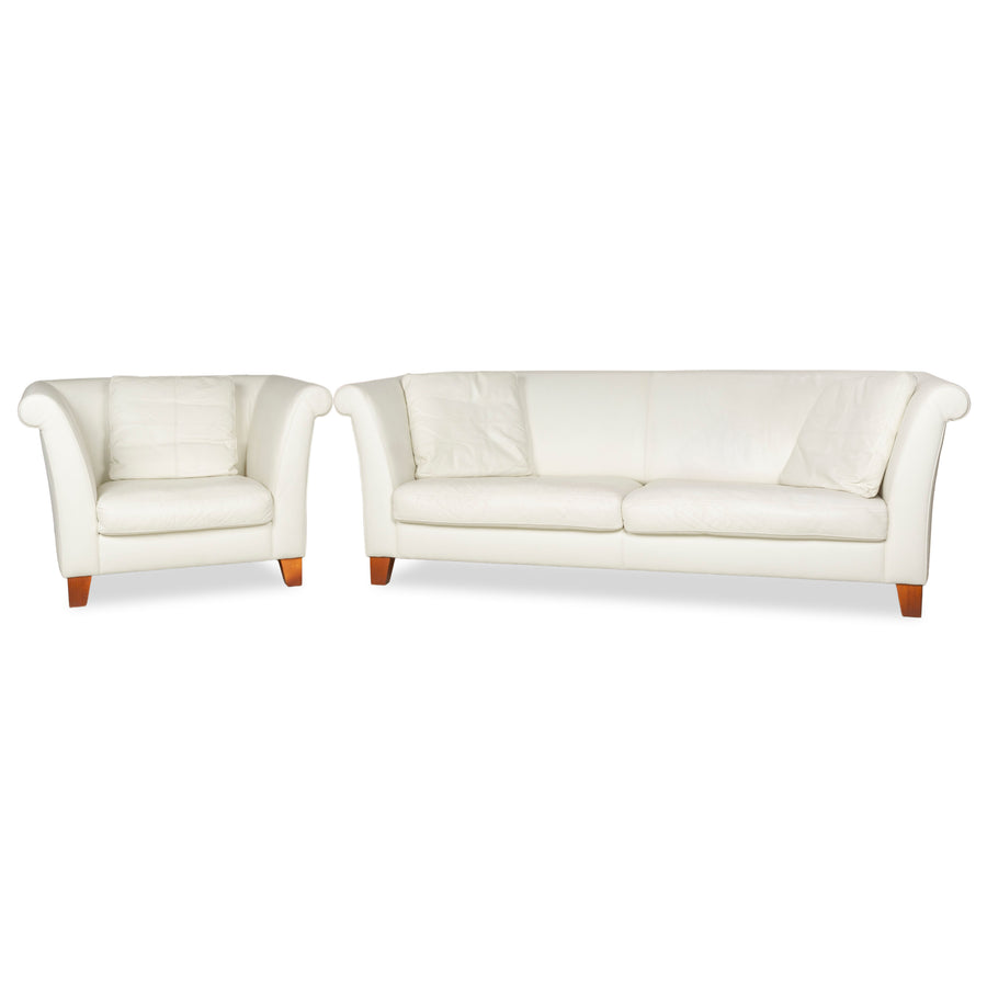 Machalke Ritz Leather Three-Seater + Armchair Cream White Sofa Couch