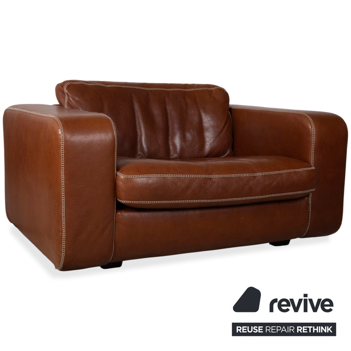 Machalke Valentino Garnitur Leder Dreisitzer Sessel Hocker Braun Cognac Sofa Couch