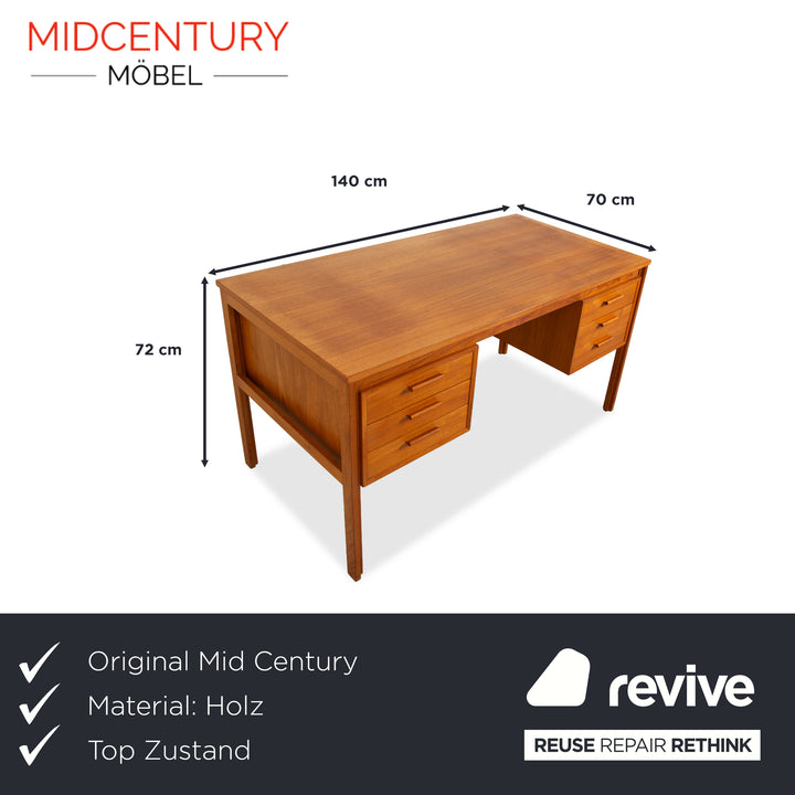 Mid Century Holz Schreibtisch Braun Vintage Ulme Rüster Schubladen Homeoffice Büro 140x72x70 cm
