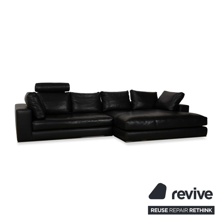 Minotti Hamilton Leather Corner Sofa Black Sofa Couch Recamiere right manual function incl. Leather Coffee Table white