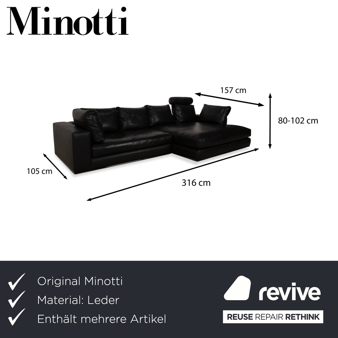 Minotti Hamilton Leather Corner Sofa Black Sofa Couch Recamiere right manual function incl. Leather Coffee Table white