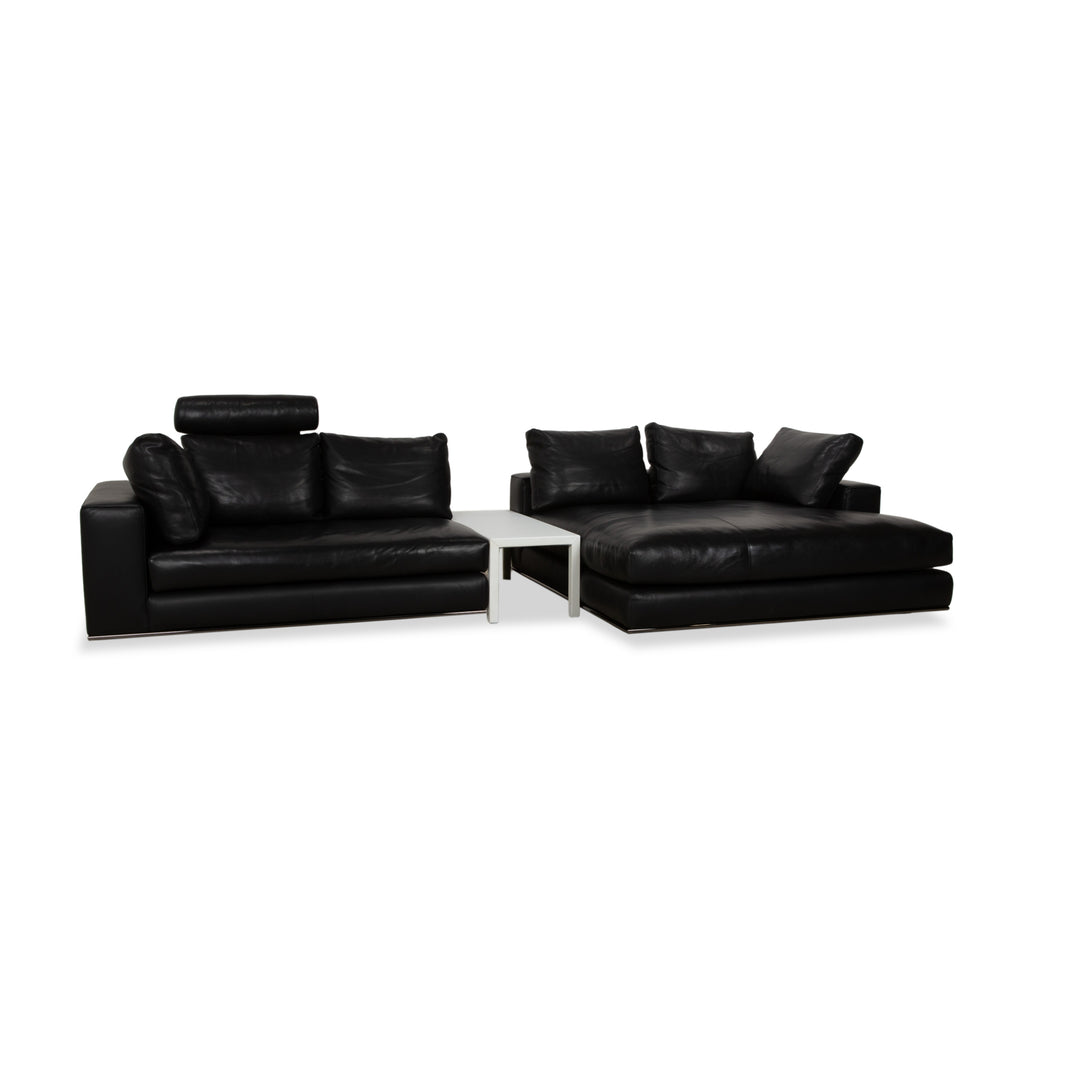 Minotti Hamilton Leather Corner Sofa Black Sofa Couch Recamiere right manual function incl. Leather Coffee Table white