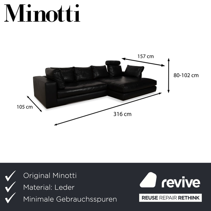 Minotti Hamilton Canapé d'angle en cuir noir Canapé Recamiere droite fonction manuelle