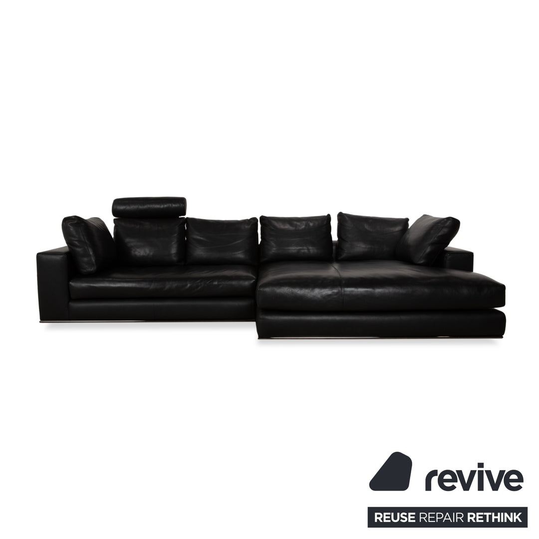 Minotti Hamilton Leather Corner Sofa Black Sofa Couch Recamiere right manual function