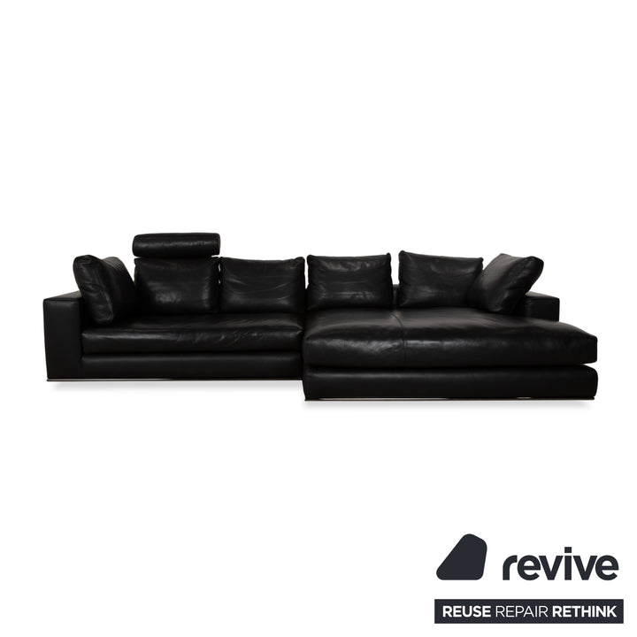 Minotti Hamilton Leather Corner Sofa Black Sofa Couch Recamiere right manual function