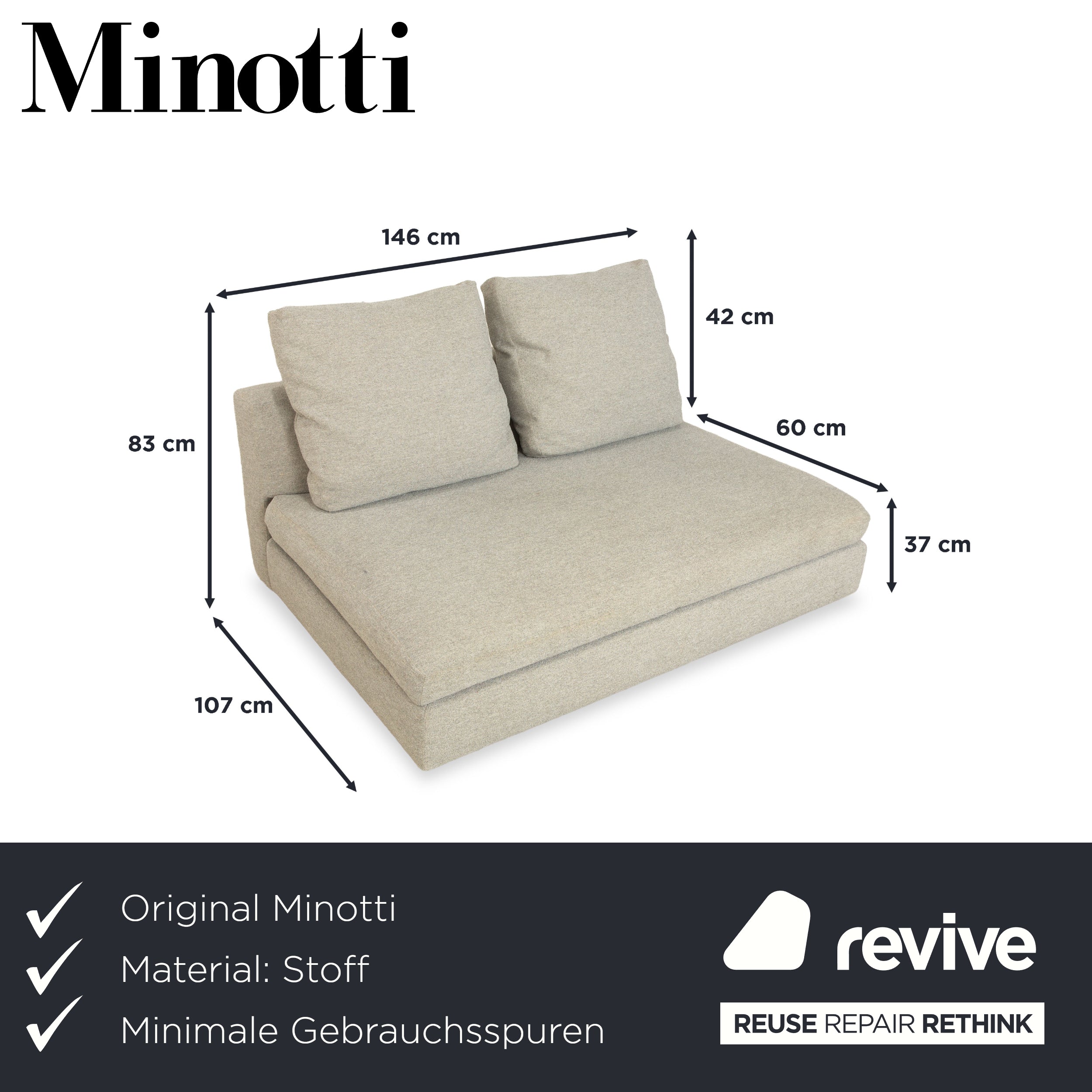Minotti fabric two-seater grey light grey sofa couch including cushions