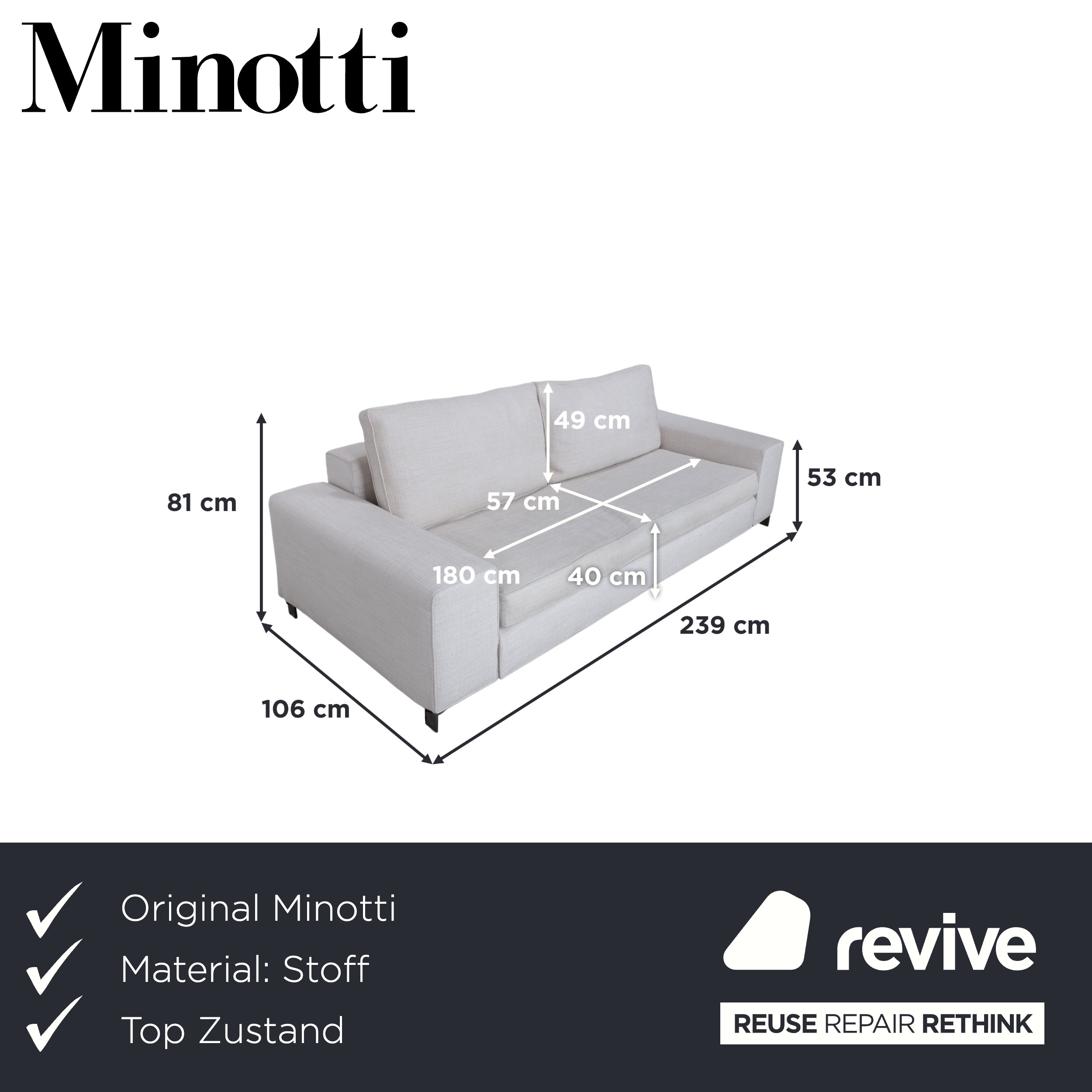 Minotti Williams Fabric Three-Seater Cream Beige Sofa Couch
