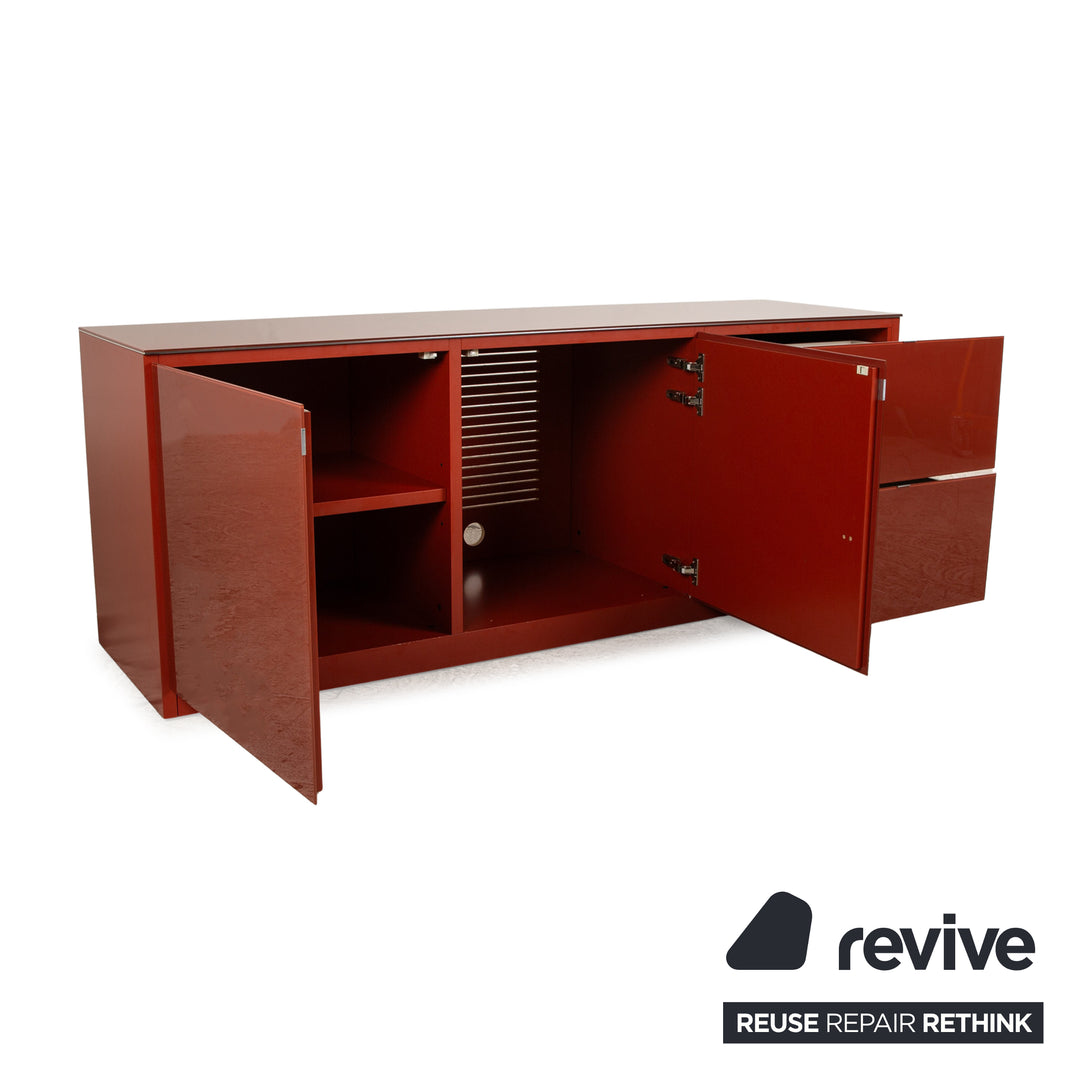 Molteni 505 wooden sideboard red glass top