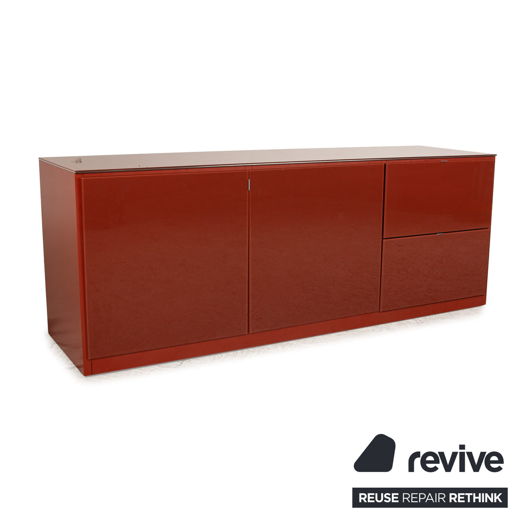 Molteni 505 wooden sideboard red glass top