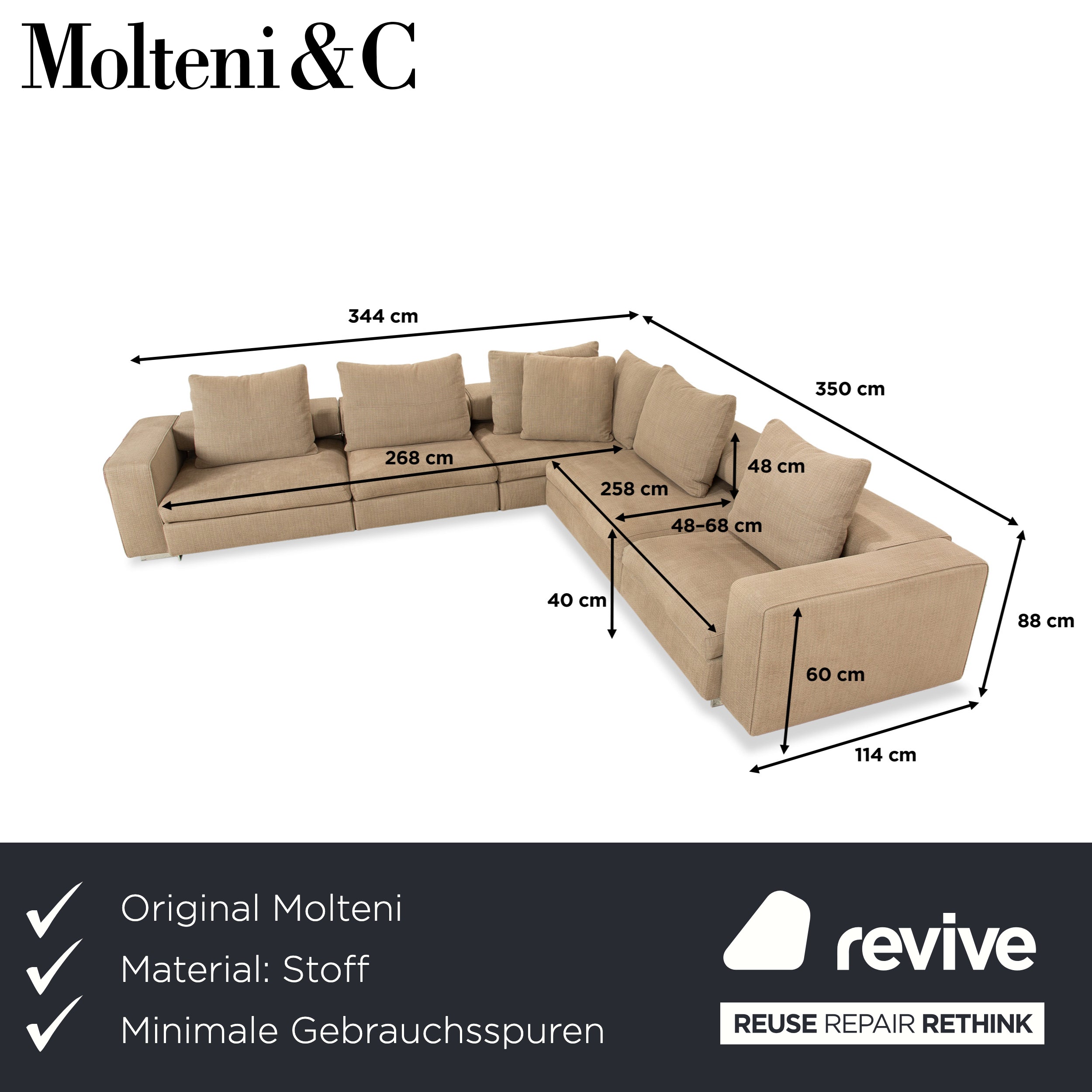 Molteni Turner Stoff Ecksofa Beige Sand Sofa Couch manuelle Funktion