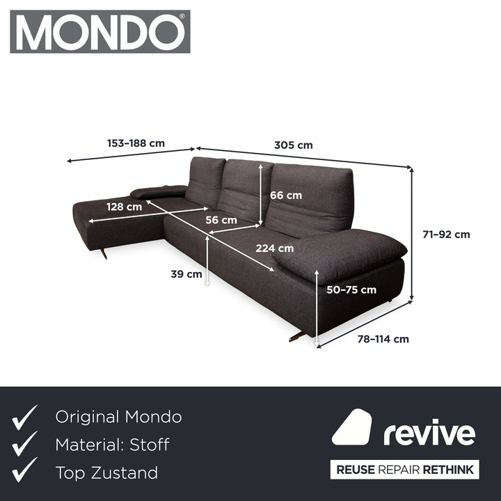 Sofá esquinero de tela gris Mondo Carpa, sofá gris antracita con función manual