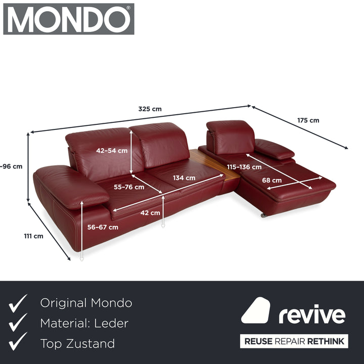 Canapé d'angle en cuir Mondo Clair, rouge Bordeaux, à commande manuelle, avec compartiment de rangement