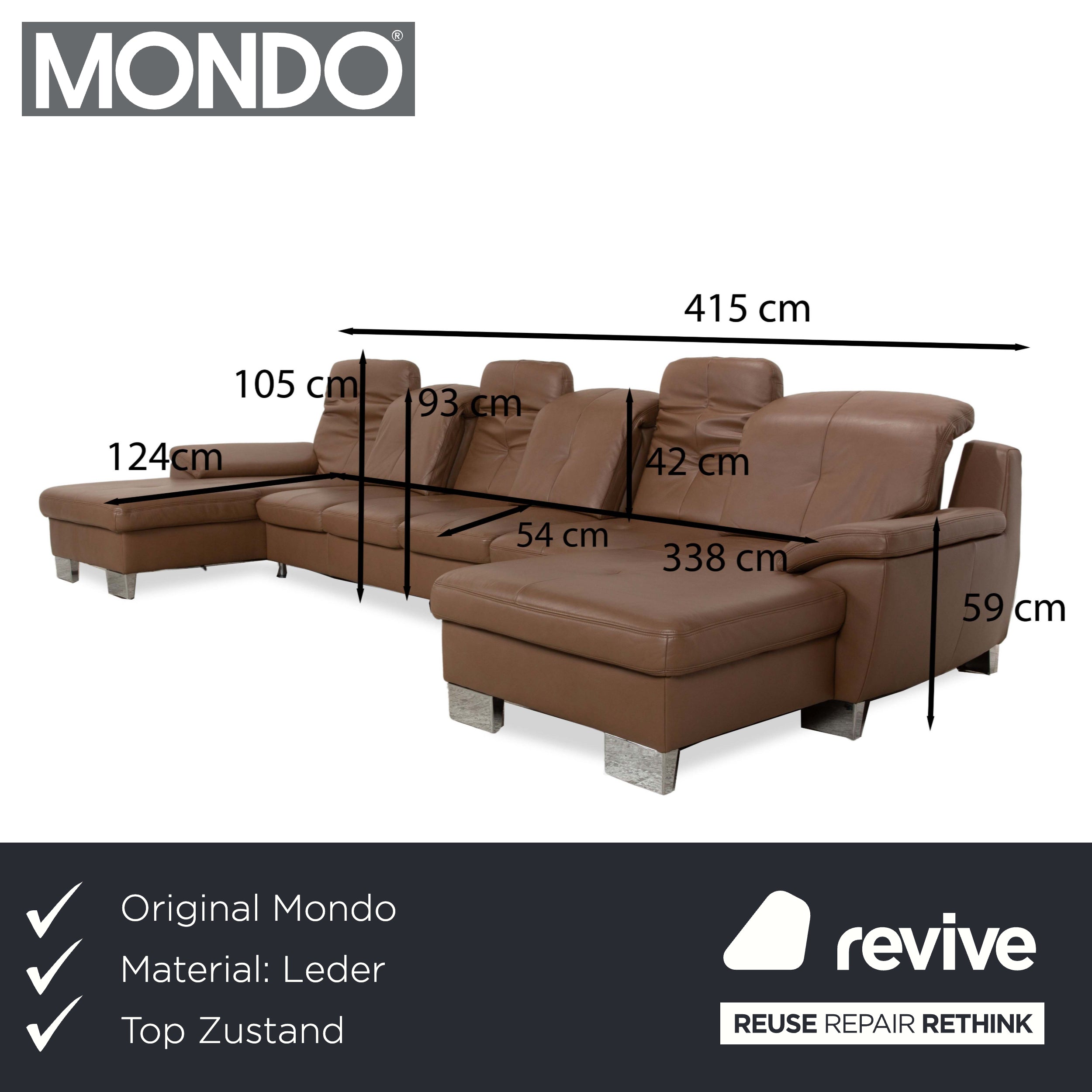 Mondo Gianna Leder Ecksofa Braun Recamiere Rechts & Links Sofa Couch manuelle Funktion