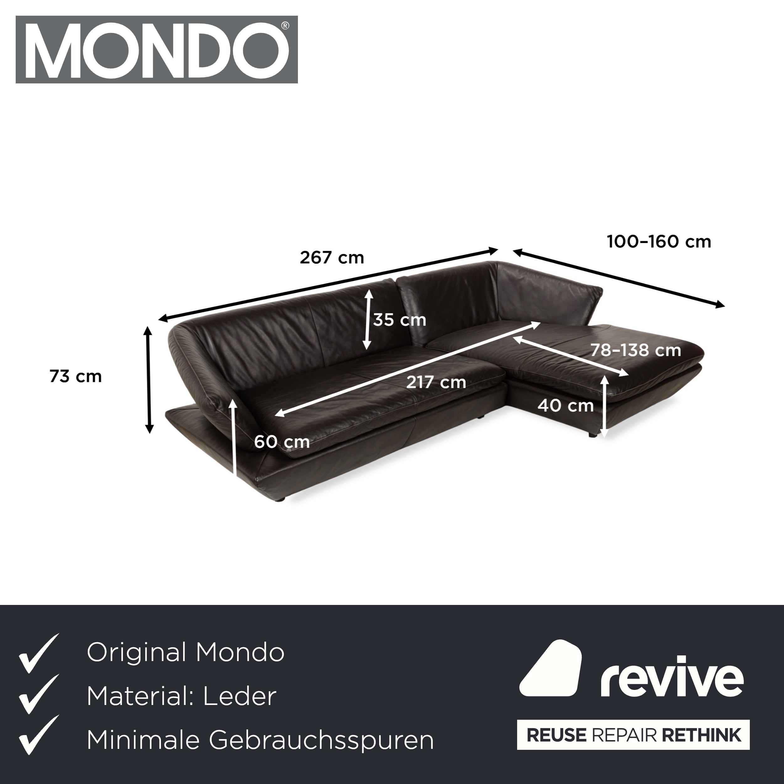 Canapé d'angle Mondo en cuir marron, méridienne à droite