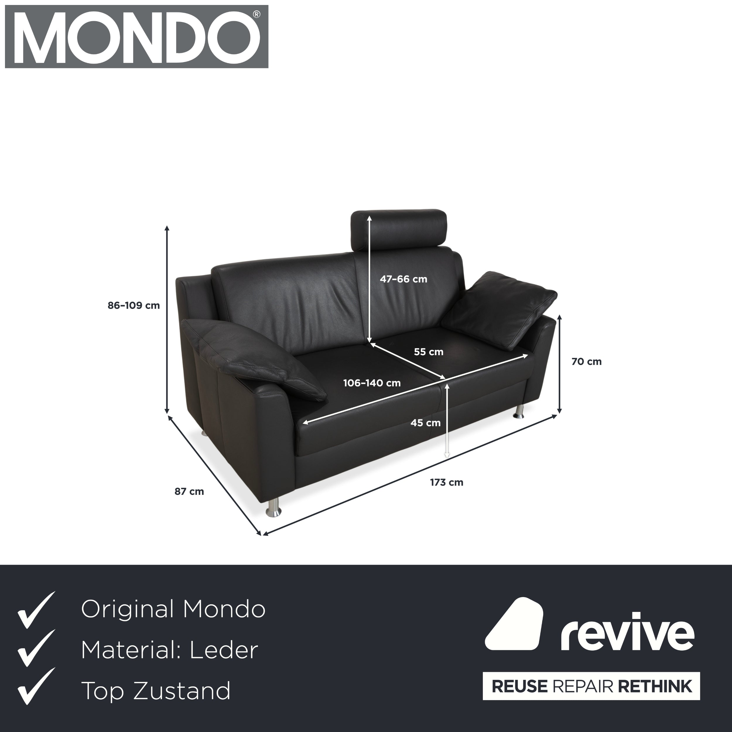 Mondo Leder Zweisitzer Dunkelgrau Sofa Couch inkl. Kopfstütze