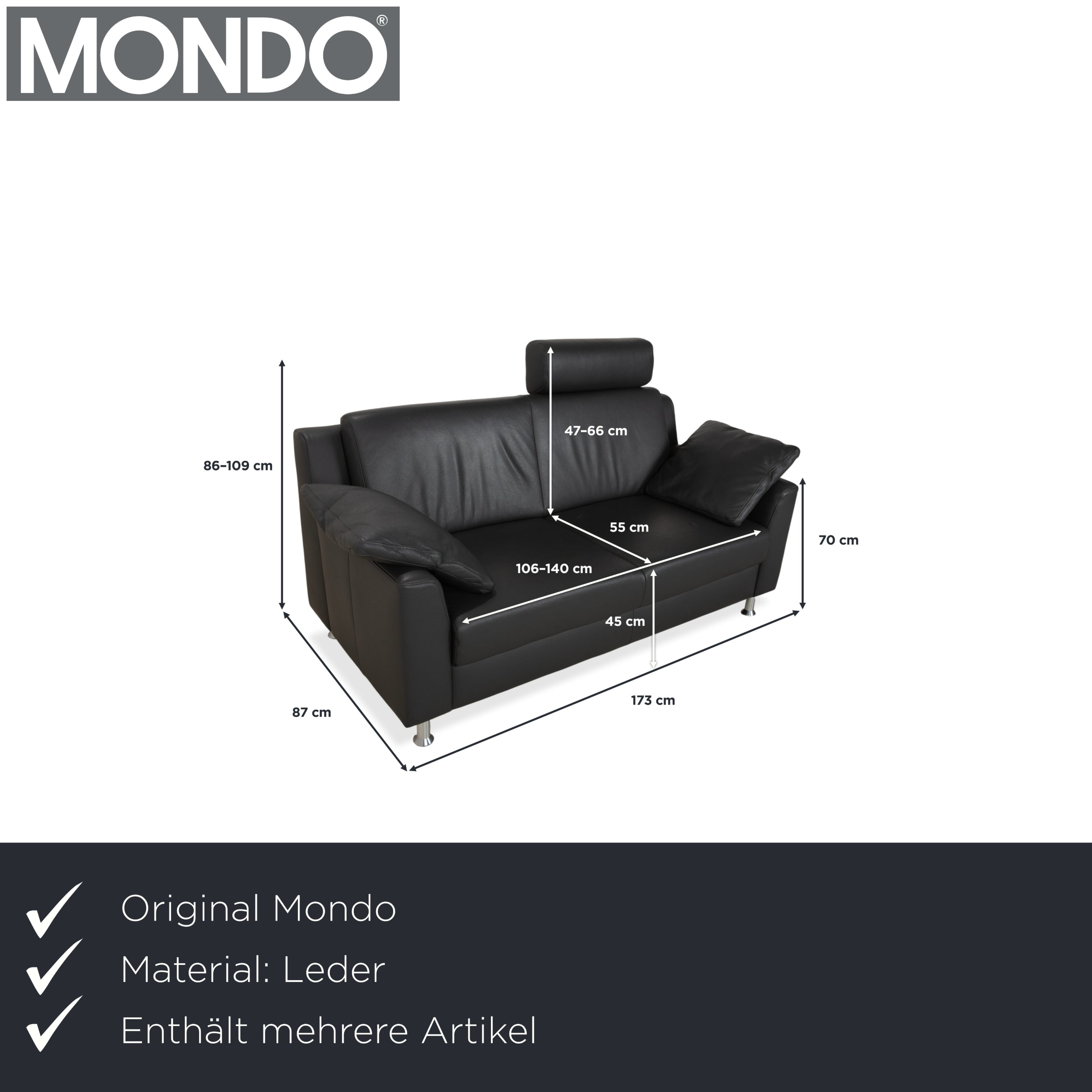 Mondo Leder Zweisitzer Dunkelgrau Sofa Couch inkl. Kopfstütze